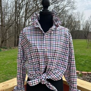 Upcycled men’s shirt to Ladies ruffle collar blouse